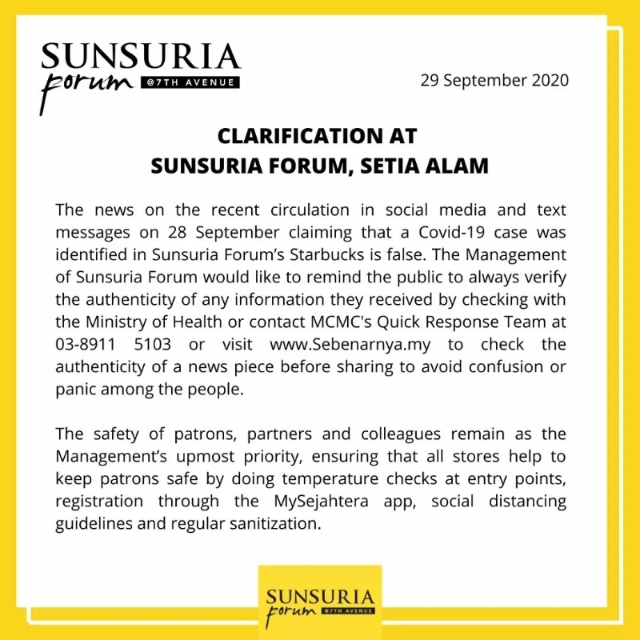 Sunsuria Forum发文告澄清，在该广场的星巴克分店被传出有冠病患者到访过是不实的消息。