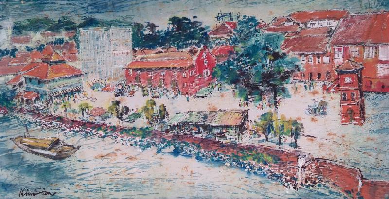 70年代作品《红屋》以浓郁彩墨描绘马六甲河岸与红屋一带的热闹景象。