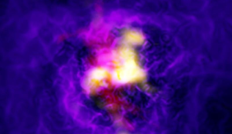 European Southern Observatory handout photo showing a composite image of the Abell 2597 galaxy cluster depicting the fountain-like flow of gas powered by the supermassive black hole in the central galaxy. European Southern Observatory handout photo showing a composite image of the Abell 2597 galaxy cluster depicting the fountain-like flow of gas powered by the supermassive black hole in the central galaxy.