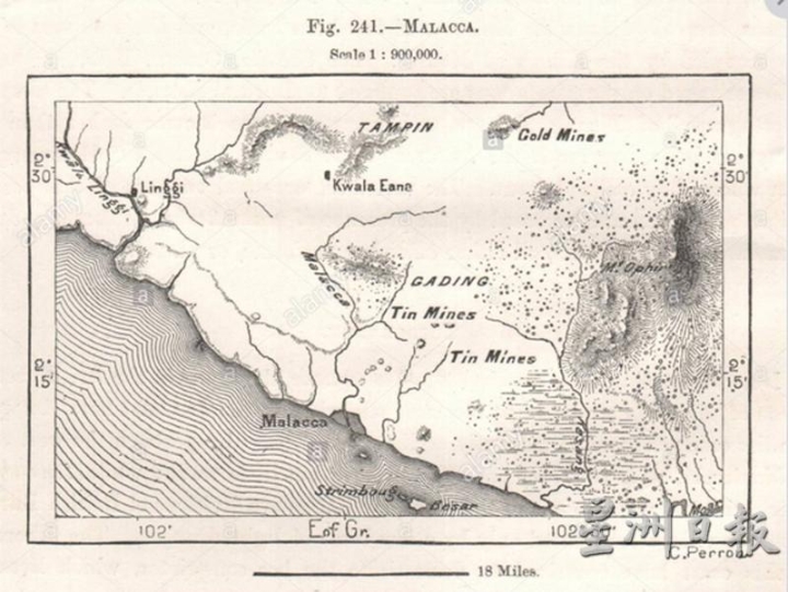 1885年马六甲锡矿、金矿分布图。