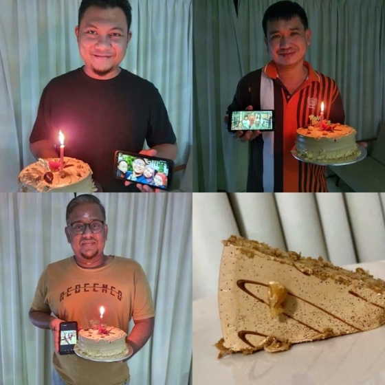 父亲节当日，黄伟文（右上）购买蛋糕哄大家开心，连同阿米鲁丁（左上）和迪拉干（右下），各自拿起蛋糕和手机中的全家福拍下照片，再发送给彼岸一水之隔的家人。