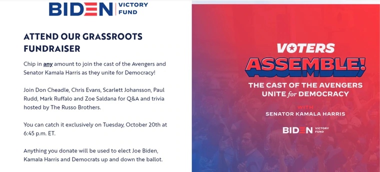 《复仇者联盟》系列导演罗素兄弟发起为拜登募款的线上造势活动，并取名为“选民集结（Voters Assemble）”。