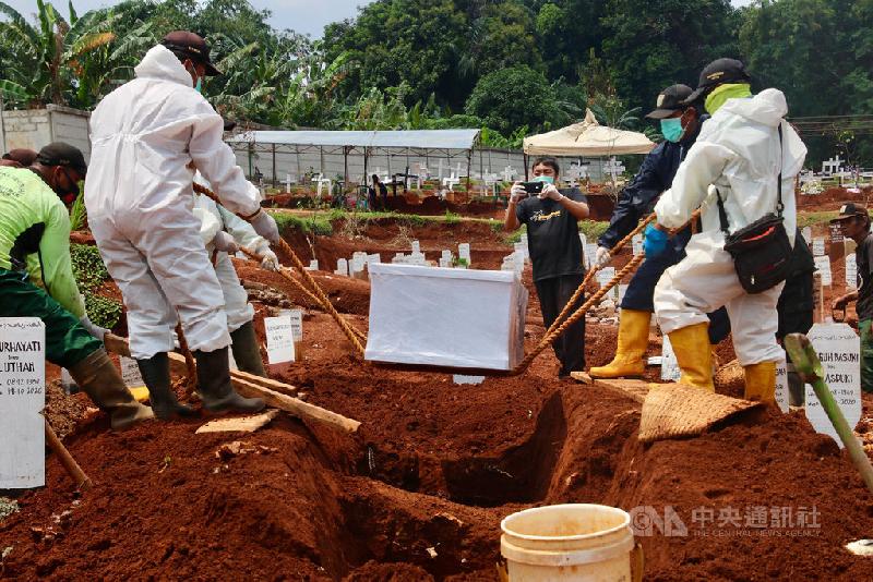 印尼2019冠状病毒疾病疫情严峻，死亡人数远高於东南亚各国，掘墓工人工作量大增。图为掘墓工人15日协助将棺木落葬。（图：中央社记者 石秀娟雅加达摄）