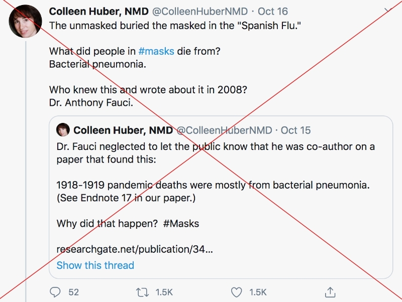 一名自称“自然疗法医生”的女子在推特称1918年流感大流行的大多数死亡是由戴口罩引起的，《法新社》已驳斥该消息。