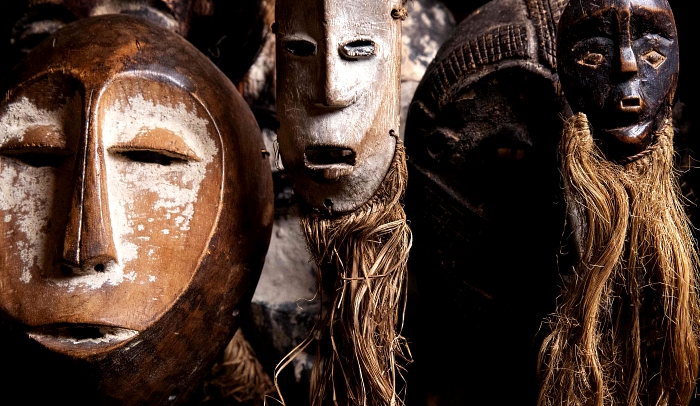 Lega masks from the private collection of French gallerist Robert Vallois at his gallery in Paris. AFP