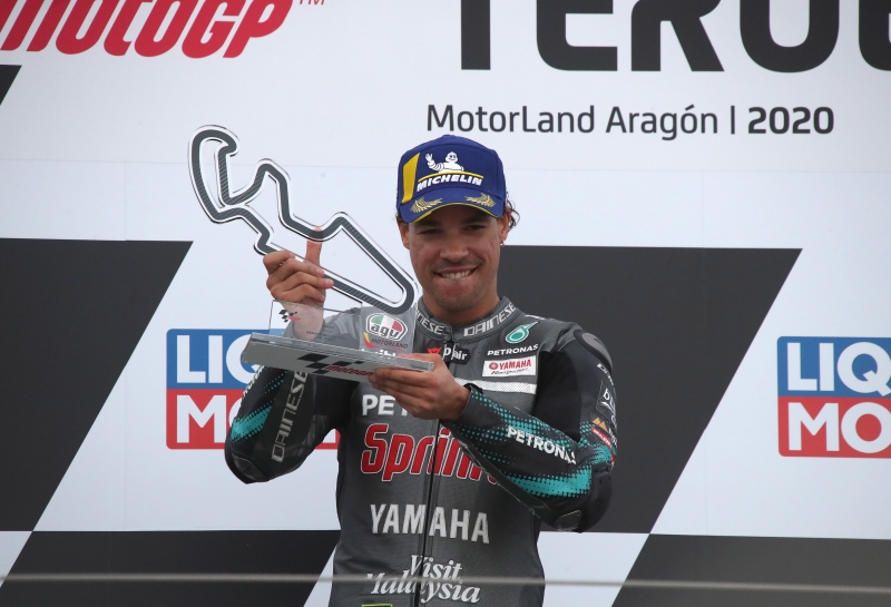 国油野马哈SRT车队的意大利骑士莫尔比德利在特鲁埃尔站世界摩托车大赛MotoGP组拿下本赛季第2个分站冠军。（欧新社照片）