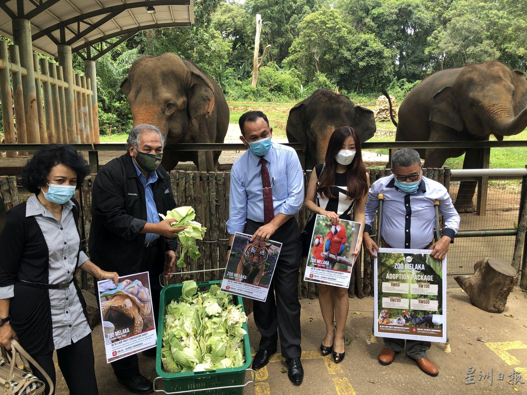 2家企业公司捐赠5吨粮食给甲动物园。左起为哈丽玛、嘉玛鲁丁、沙丹奥曼、许欣柔及莫哈末纳吉。