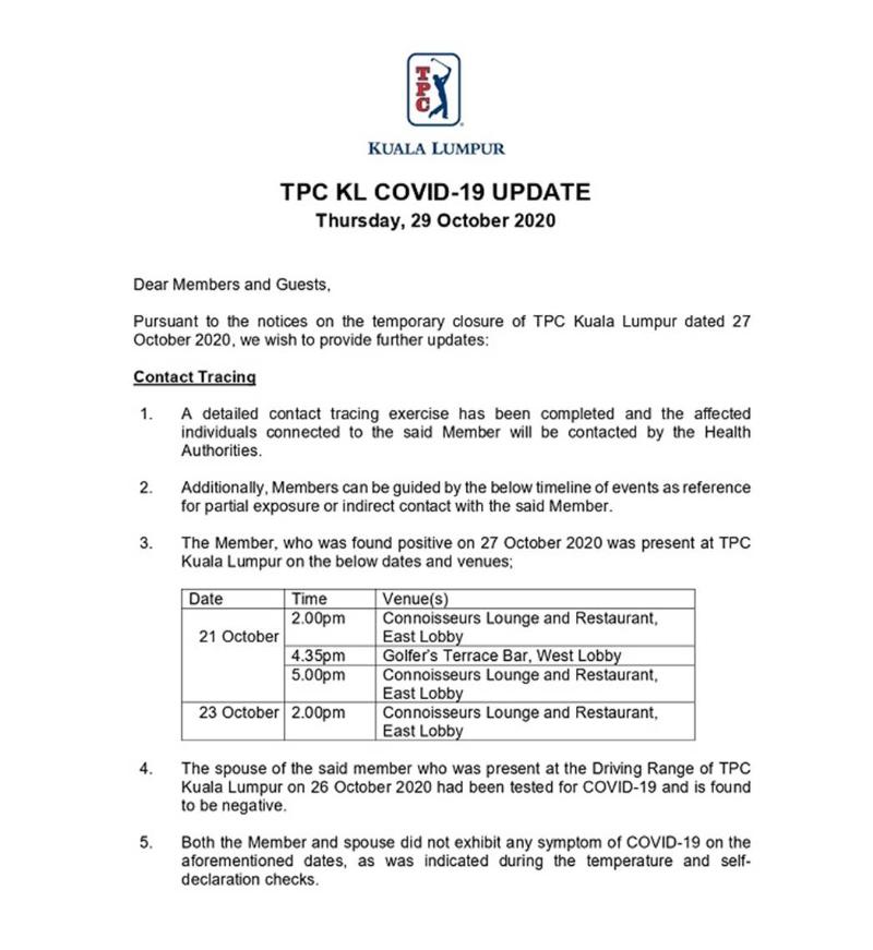 吉隆坡TPC高尔夫球俱乐部出示确诊冠病的会员曾出现在该俱乐部范围的日期和场所。