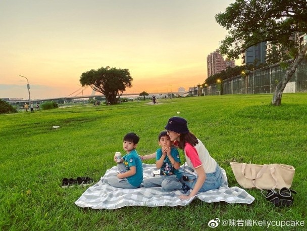 陈若仪和一对双胞胎儿子开心郊外野餐。