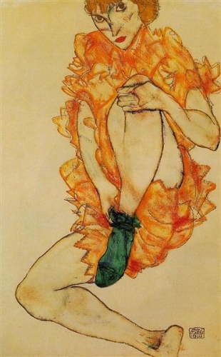 绿色的丝袜 （The Green Stocking），1914 /艾贡．席勒（Egon Schiele）画。

席勒是早慧的画家，年轻时就展露了他的才华和忧郁。1890年出生于奥地利的席勒，师承克林姆（Gustav Klimt），画作常以少女为模特儿，不讳情色和身体的暗示。但他的笔触线条之中又有一种独特的力量，仿佛可以穿透内心和欲望。28岁的席勒，在创作盛年死于西班牙流感，死前仍在画画。