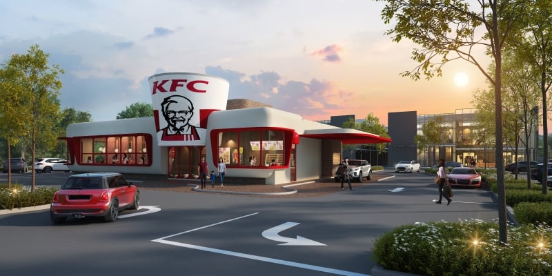复古肯德基快餐店除了外观设计采用肯德基的经典红白色外，其中最吸睛的就是入门处上方是以大型立体的“肯德基桶”（KFC Bucket）作为设计。