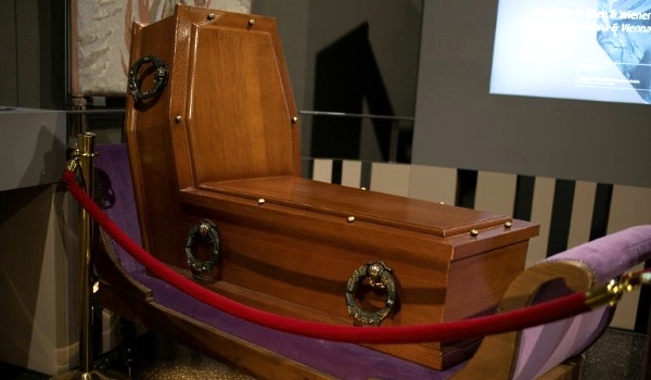 A coffin designed for upright sitting on display at the Funeral Museum in Vienna. AFP A coffin designed for upright sitting on display at the Funeral Museum in Vienna. AFP