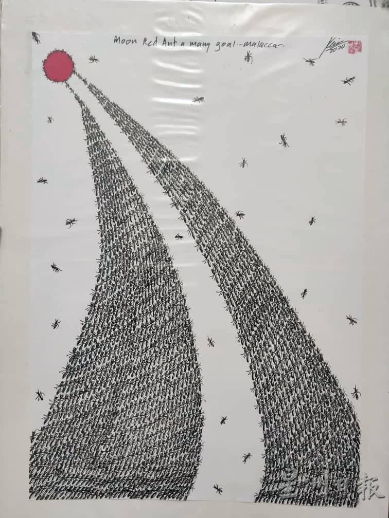 刘汉荣的部分画作是完全自身的想象，如图中一群蚂蚁叠向月亮，寓意朝着目标前进。
