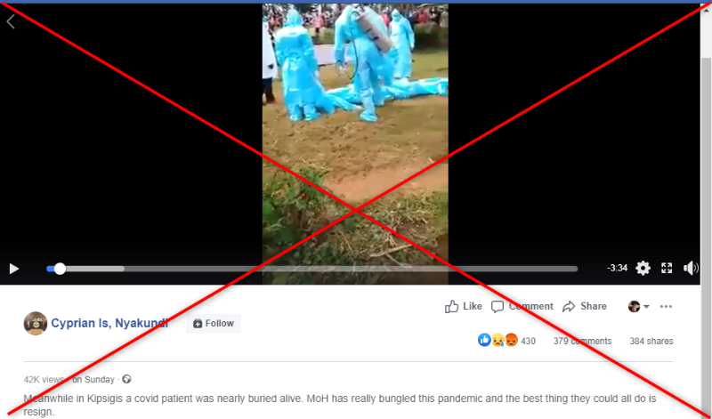 脸书用户声称冠病确诊病患几乎被活埋的视频，其实是冠病死者家属因身穿个人防护设备参与葬礼，感到不适而晕倒。