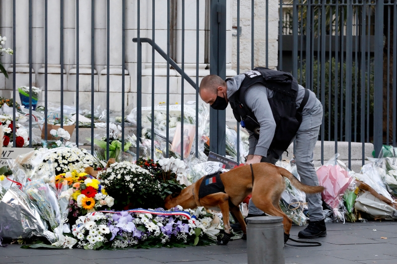 在近5周发生至少3起严重的暴力攻击事件后，法国已进入高度警戒状态，一名警察星期日在尼斯圣母圣殿举行首场弥撒前，带领警犬检查民众为受害者献上的鲜花，以策安全。（欧新社照片）
