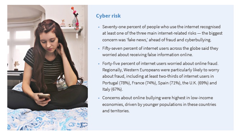 勞埃德註冊基金會世界風險調查顯示，有57%的全球網絡用戶認為假消息是網絡安全最大的威脅，其次是45%的線上欺詐及30%的網絡霸凌。