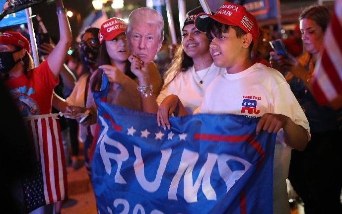 Trump supporters cheer for him outside Versailles restaurant as they wait for the results of the presidential election in Miami, Florida. AFP