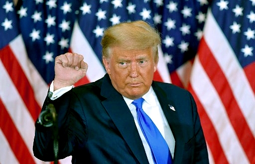 Trump pumps his fist after speaking during election night in the East Room of the White House. AFP