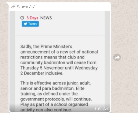 社交群组传来首相禁止羽球俱乐部运作的最新宣布，令人以为此首相为慕尤丁，实际是英国首相约翰逊颁布的最新封锁措施。