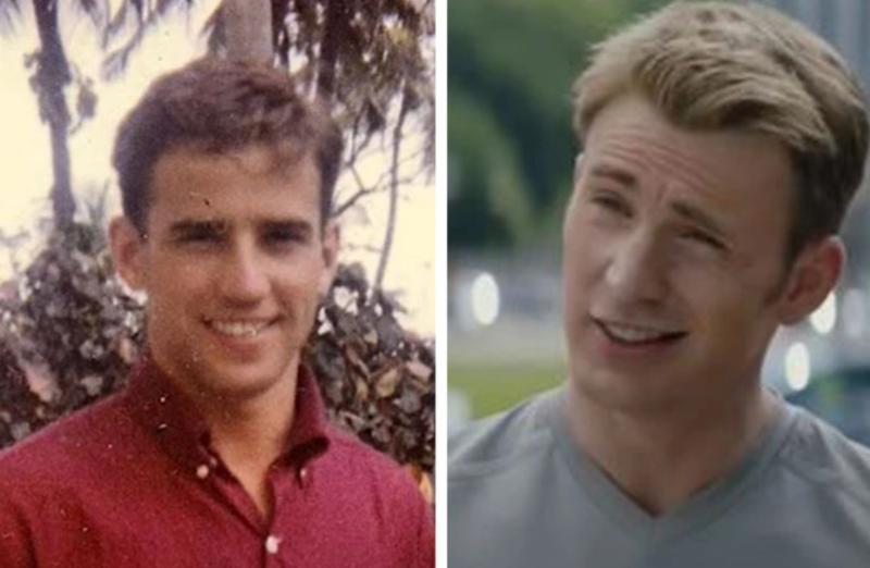 网路开始疯传拜登25岁时的照片（左），有网友直呼和“美国队长”（右）有几分神似。（图取自网络）