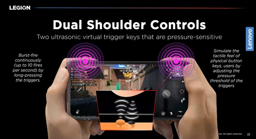 Lenovo Legion Phone Duel的超音波虚拟触控键可以大幅提高玩家的游戏体验。
