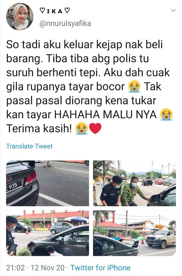 巫裔女司机对需劳动警员换轮胎感到羞愧，并推文道出本身感受，获得大马皇家警察脸书专页分享。