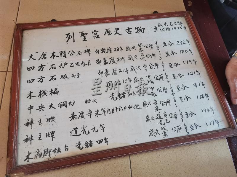 列圣宫列出所有从旧址已经存在的文物，其中中央大铜炉已于年前现址庙宇遭窃而不见。

