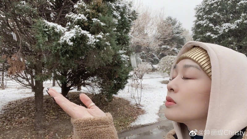 钟丽缇发文称遇上了北京今冬第一场雪。

