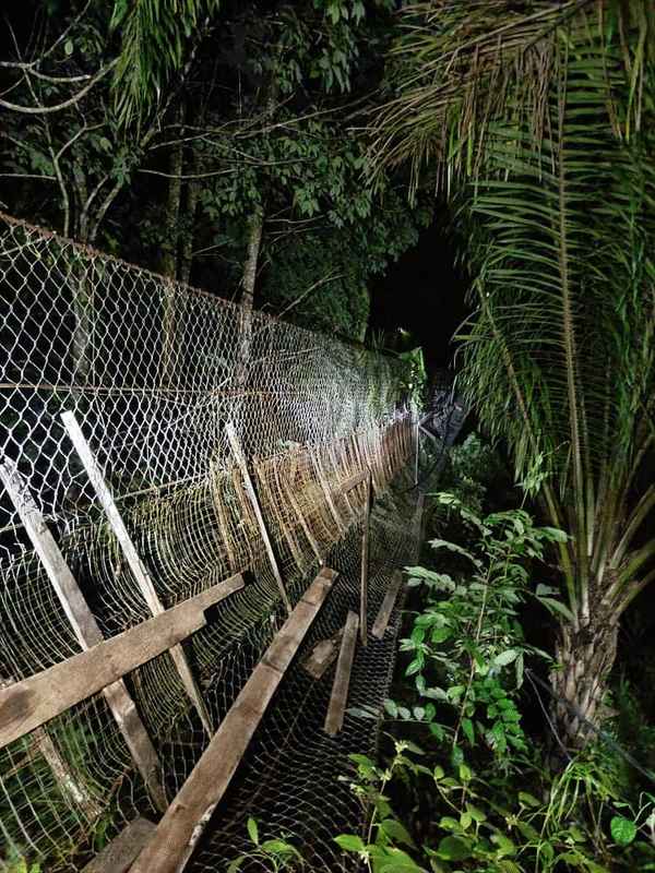 甘榜古西吊桥损毁，导致多名少年从桥上掉落受伤（档案照）。