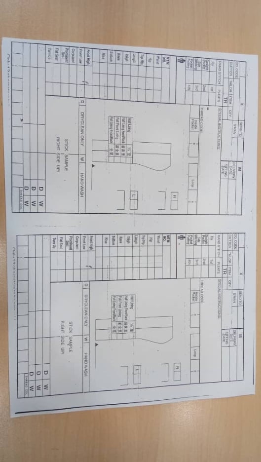 裁缝师为顾客量身时做的草稿记录。