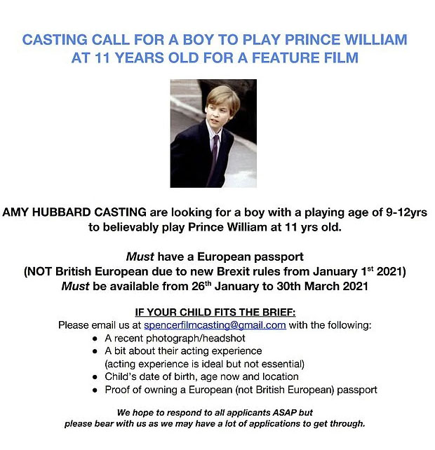 选角代理艾美在网上寻找年轻演员饰演威廉王子。
