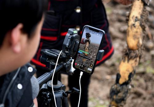 孙亚辉在莲藕塘旁直播时，向网友展示刚挖上来的新鲜莲藕。