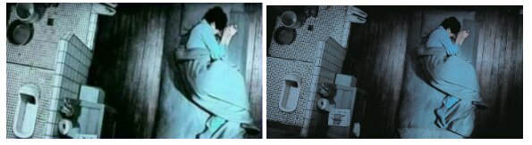 左图为网传据称是朴槿惠在监狱内服刑的照片；右图为《Cine21》刊登的照片，从日常用品的摆放及照片中人物的蜷缩姿势可明显看出，两者源自于同一个场景。