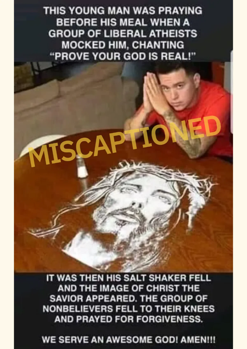 网传一罐打翻的盐在桌上自己形成了耶稣的图案？其实是照片遭人看图说故事。