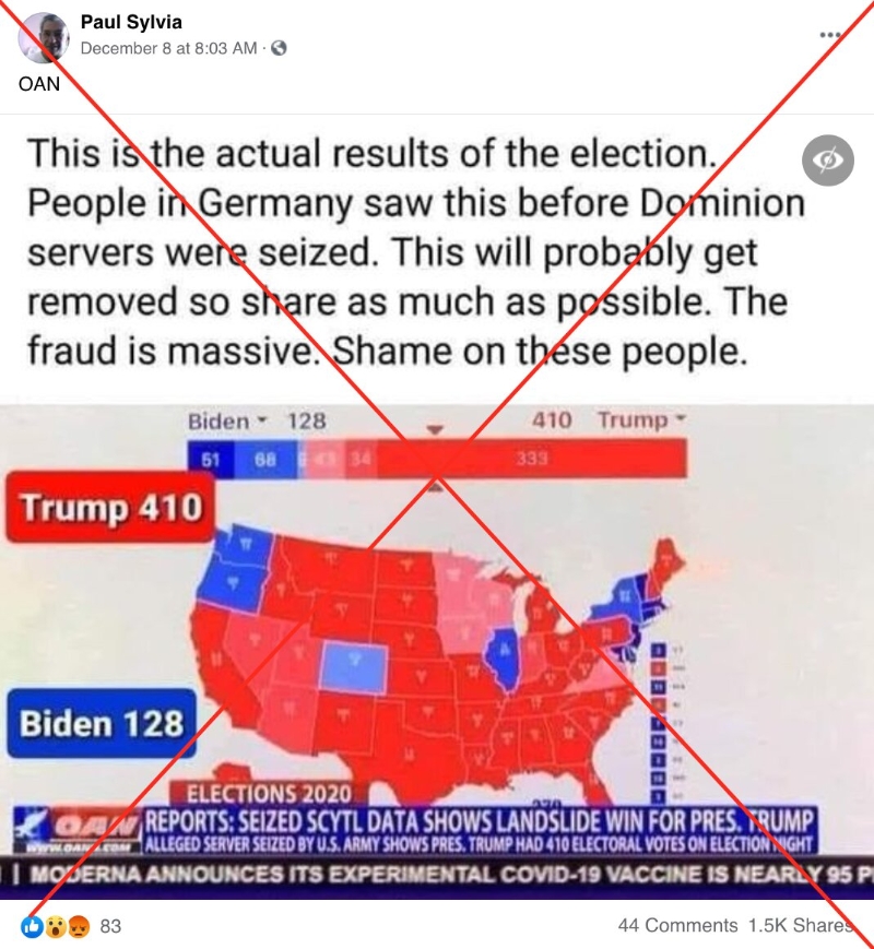 网传特朗普在总统选举中获胜的2020年美国总统大选实际结果地图是假的。