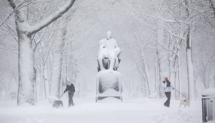 People walk their dogs on snow-blanketed Commonwealth Mall in Boston, Massachusetts. AFP