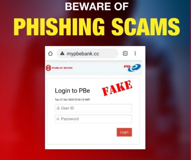大众银行展示伪造网络的图片，提醒民众提防钓鱼骗局。

