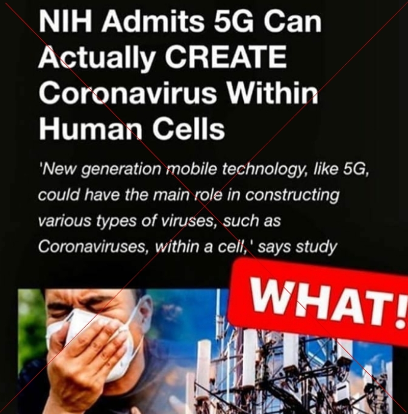 网传指美国国家卫生研究院承认5G实际上可在人体细胞中制造冠状病毒，不过，专家指这项论述背后支持的科学研究不可信。（图：法新社）