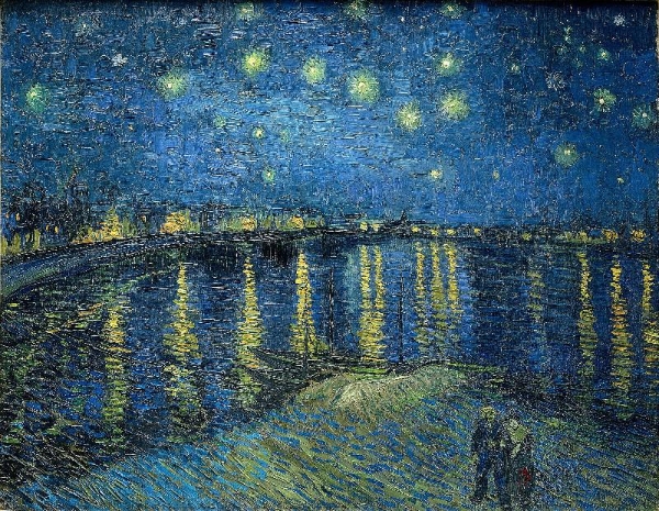隆河上的星夜 （Starry Night Over the Rhône），1888， 
文森．梵谷（Vincent van Gogh）画  。
这幅画是梵谷以星夜命名的三幅作品中的第二幅，描绘了隆河夜色和繁星，却着重在水中倒映不定的光影。画中以厚重的笔触，静与动的对比，表达了画家对永恒的体会。梵谷写给弟弟提奥的信中曾经这样说：“我仍然需要信仰，所以晚上我走出房间开始画星星。”