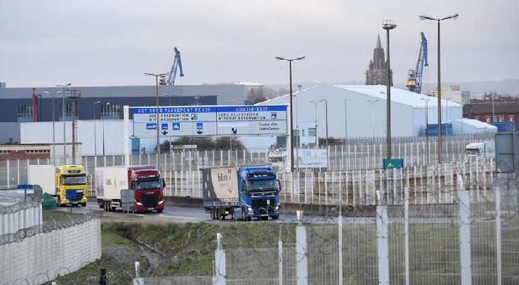 Trucks arrive via the Channel Tunnel at the port of Calais after drivers underwent COVID-19 tests in England. AFP