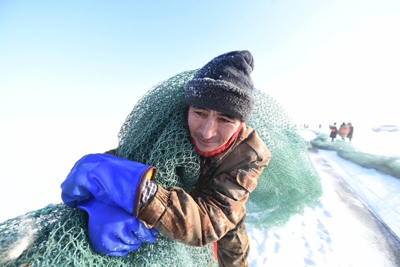 每年12月下旬到春节前的一段时间，是当地渔民进行大规模冬季捕鱼的黄金期，这种渔猎文化至今已有60年历史。（图：新华社）

