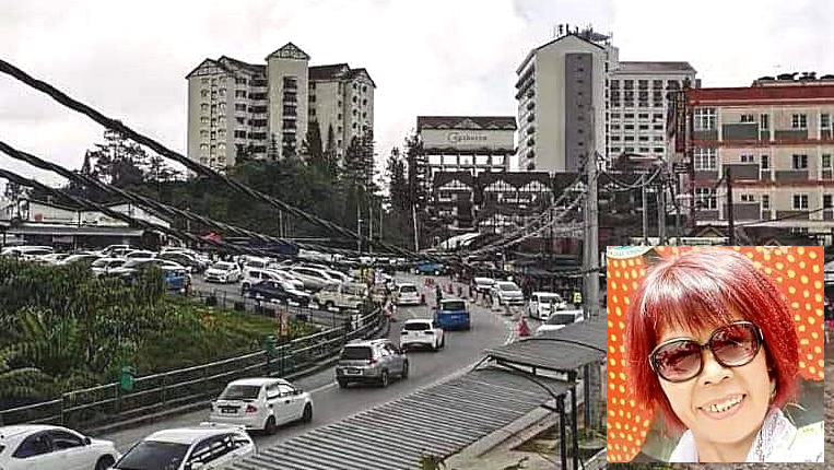 Severe jam in Cameron Highlands during the long weekend. Inset: Zheng Ya Mei. SIN CHEW DAILY