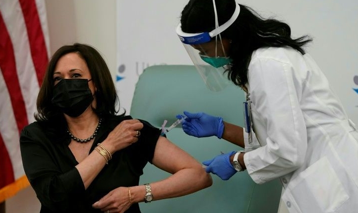 US Vice President-elect Kamala Harris receives her Covid-19 vaccine live on television. AFP