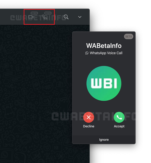 根据WABetaInfo的截图，WhatsApp网页版上方会出现视讯和语音通话的标识（红色框）。