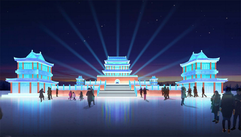 梦想大舞台是以西安鼓楼为蓝本的中式造型建筑。每年冬天，这里都是哈尔滨冰雪大世界最燃的网红打卡地之一。（图：新华社）