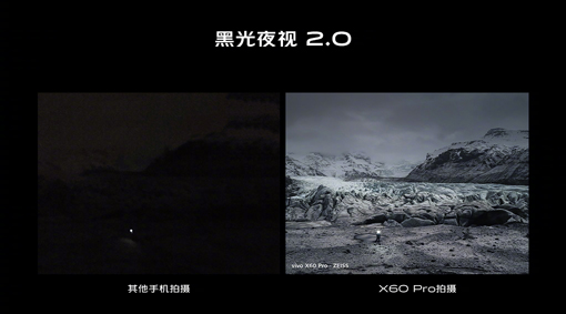 X60系列备有微云台黑光夜视2.0技术，在微云台帮助下可以拉长曝光时间，配合超级夜景算法可以拍摄明亮的夜景画面。