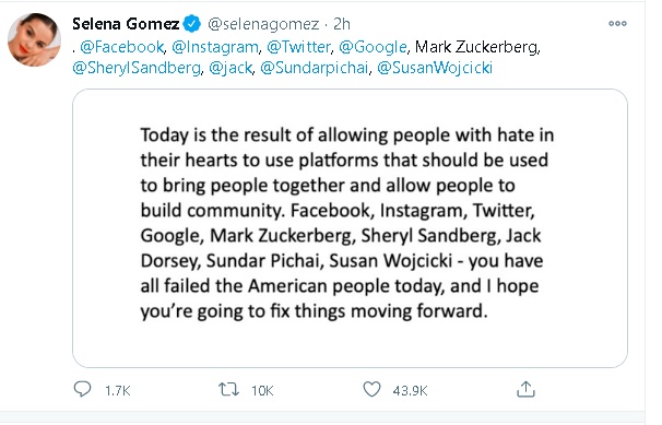 赛琳娜戈梅兹在推特标注各大社交平台的CEO，直批：“你们今日真的太令美国人失望了！”