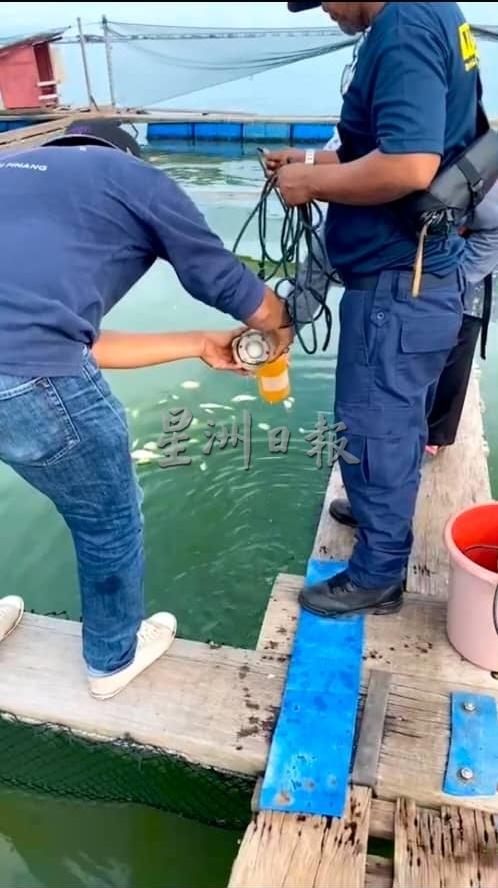 渔业局官员到海上养鱼场取水化验。