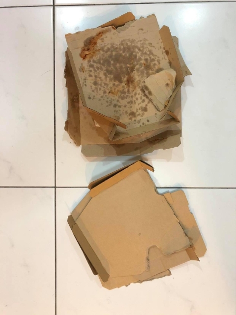 处理披萨盒时，应优先把干净的部分撕下回收，剩下的才堆肥处理，因为通过回收复原的“能量”比堆肥更多。这也是5R原则中，Recycle排在Rot之前的原因。