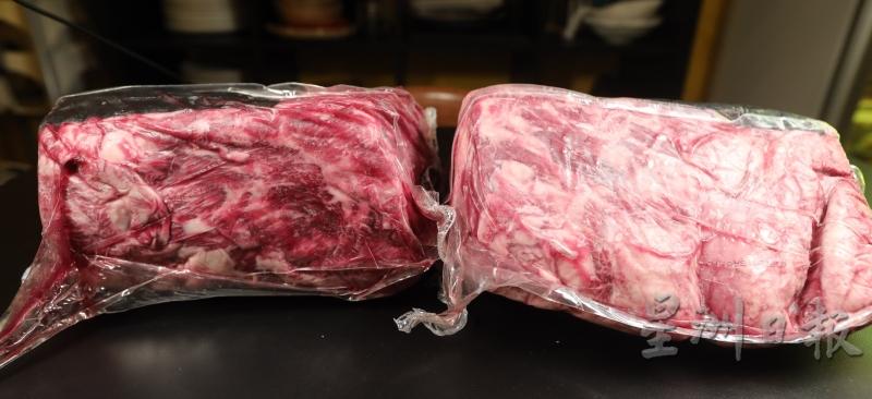 从左边牛肉渗出的肌红蛋白可见其湿式熟成的时间比右边的长。